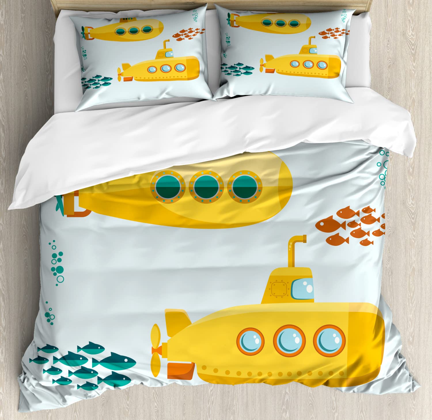 Ambesonne Yellow Submarine Duvet Cover Sets, Undersea Periscope with Shoal of Fish, Bedding Set with 2 Duvet Covers & 4 Pillowcases, 2 Pack King Size, Yellow Pale Blue