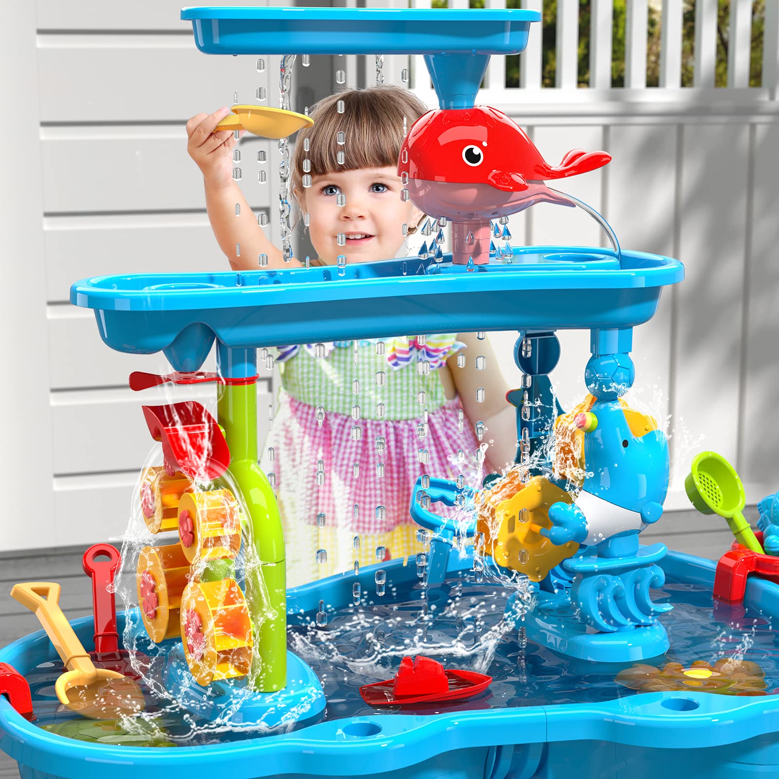 TEMI Kids Sand Water Table for Toddlers, 3-Tier Sand and Water Play Table Toys for Toddlers Kids, Activity Sensory Tables Outside Beach Toys for Toddler Boys Girls Age 1-3 3-5