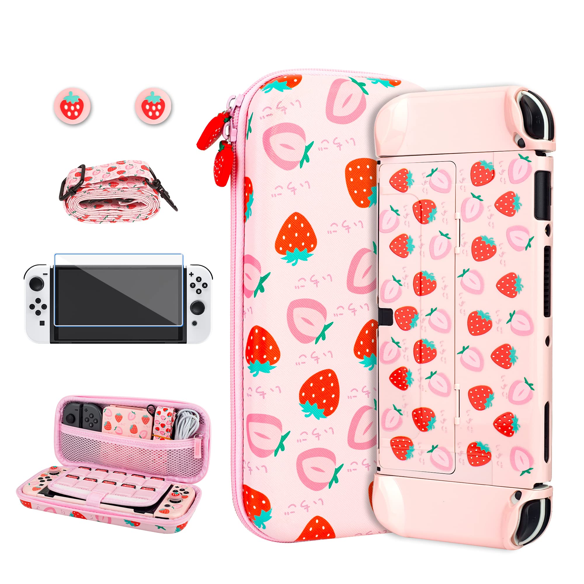 RHOTALL 6 in 1 Cute Strawberry Carrying Case Set for Nintendo Switch OLED,Portable Pink Travel bundle Case for Switch OLED Accessories,Protective Cover,Screen Protector,Shoulder Strap and 2 Thumb Caps