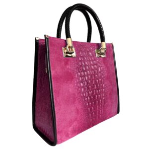 Modarno Women's shoulder bag - crocodile print suede leather handbag, Fuchsia