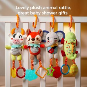 TUMAMA 4 Pack Baby Toys for 0 3 6 9 12 Months, Hanging Crib Toys for Newborn Infant Development, Car Seat Stroller Soft Plush Rattles Toy for Babies