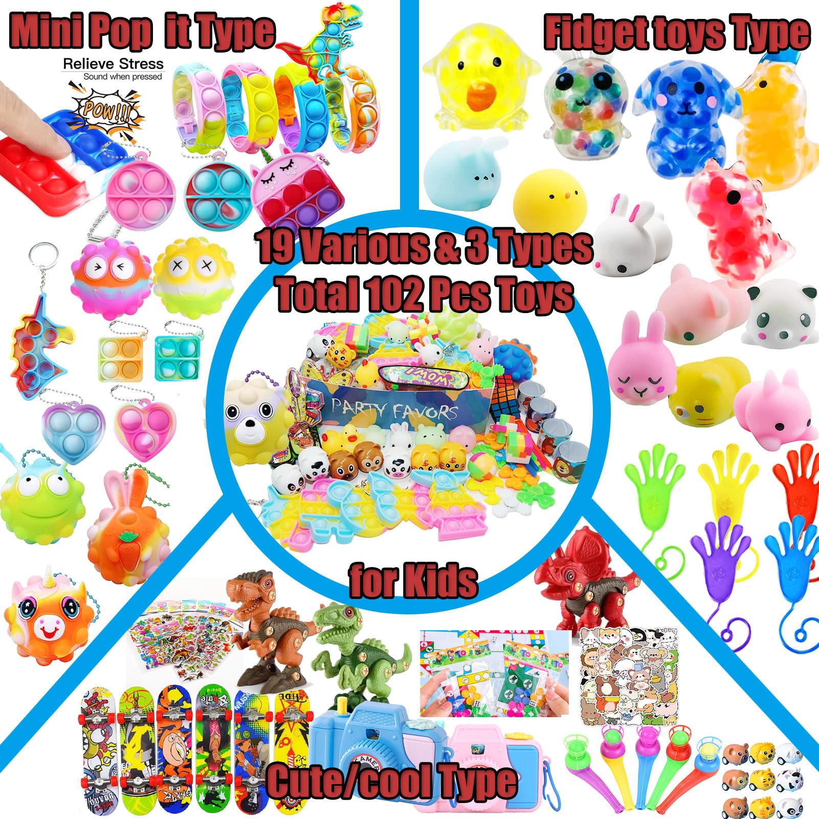 102 PCS Premium Party Favors Toys for Kids,Assortment Mini Pop Fidget it Toys for All Ages Kids,Classroom prizes,Treasure Chest,Prize Box Toys, Goody Bag Fillers,Carnival Prizes for Boys Girls 4-10