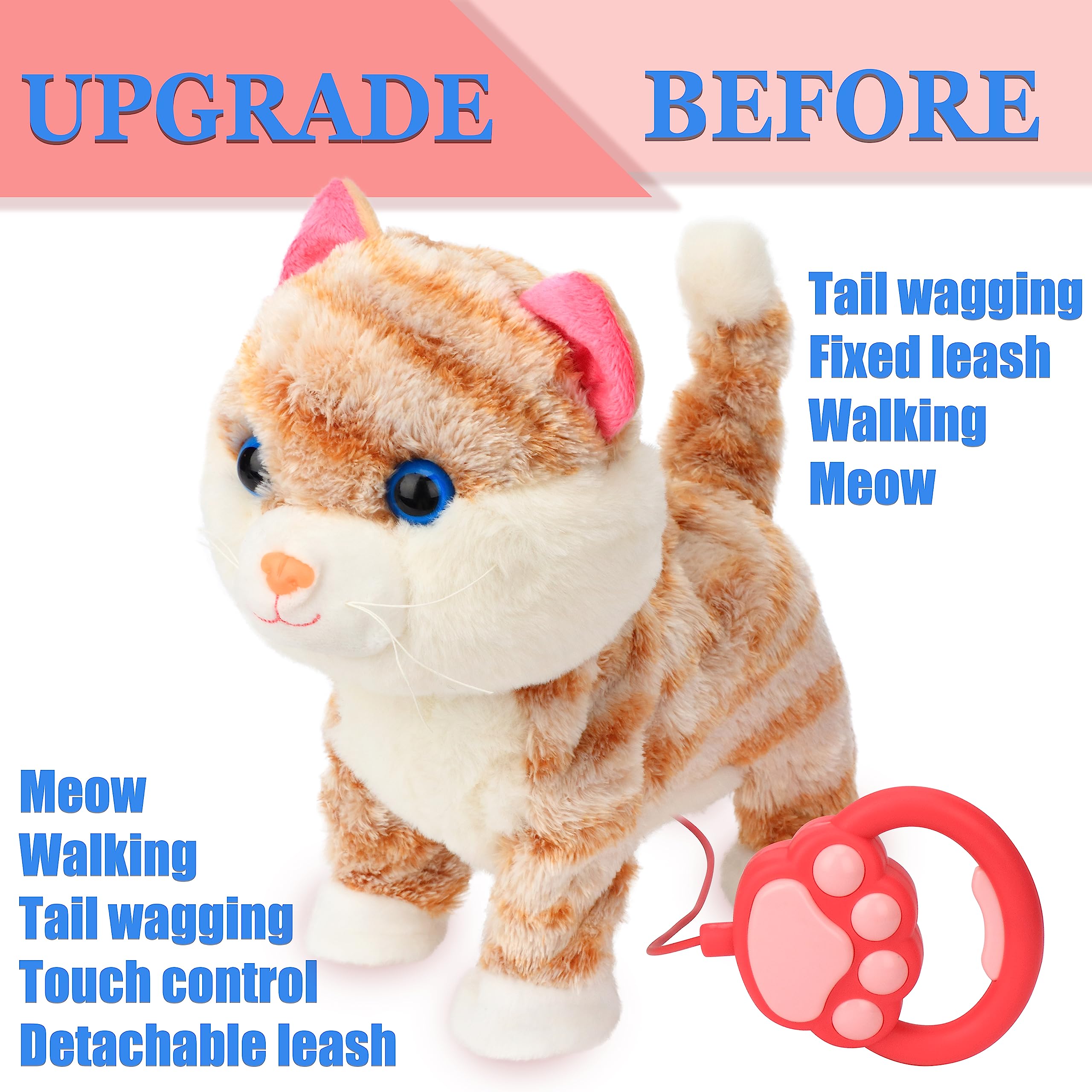 Cuteoy Walking Yellow Kitty Stuffed Animal Electric Interactive Musical Cat Plush Toy Meowing Wagging Tail with Remote Control Leash Nodding Pet Plushies Christmas Birthday Gifts for Kids Toddlers