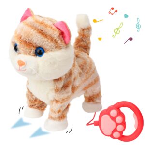 Cuteoy Walking Yellow Kitty Stuffed Animal Electric Interactive Musical Cat Plush Toy Meowing Wagging Tail with Remote Control Leash Nodding Pet Plushies Christmas Birthday Gifts for Kids Toddlers