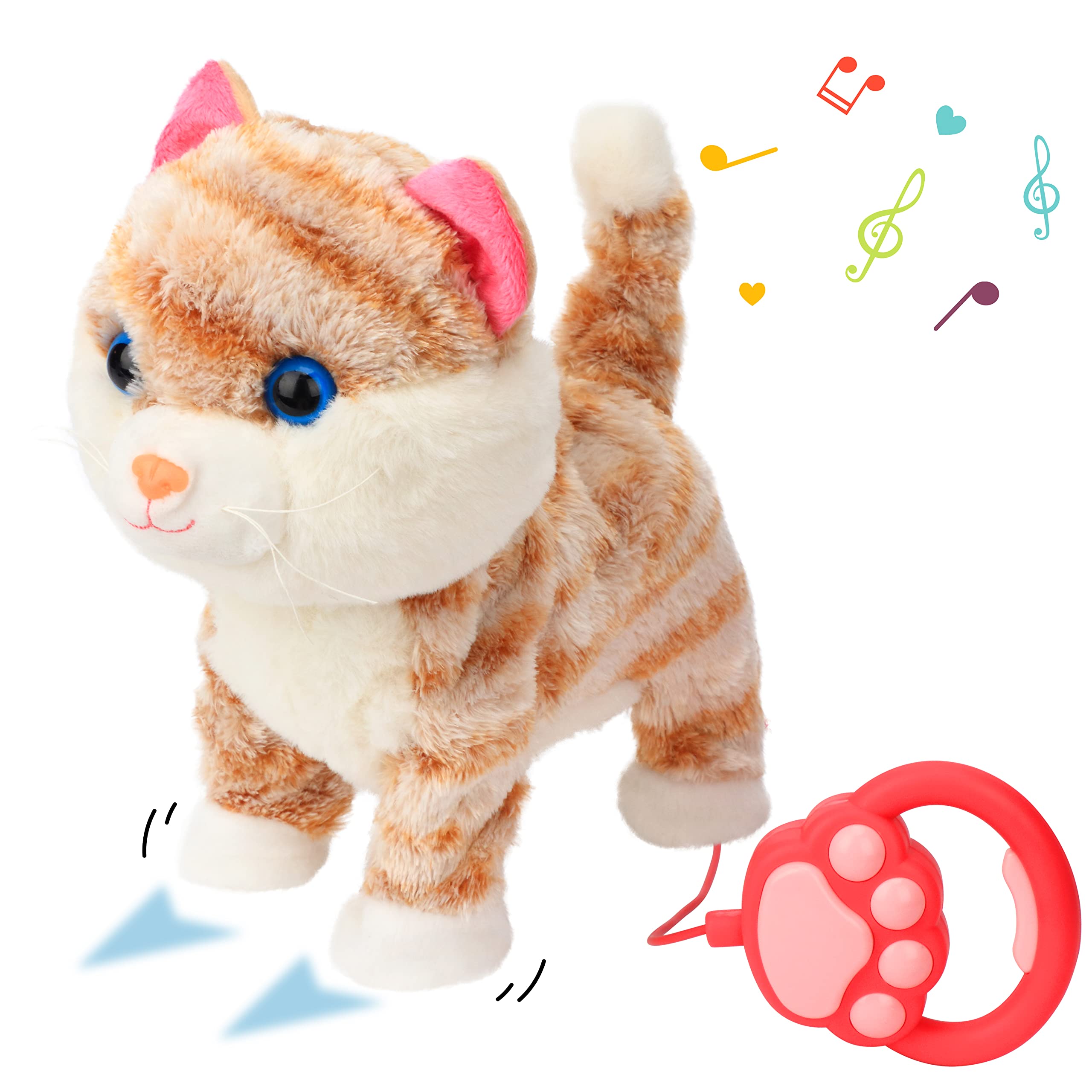 Cuteoy Walking Yellow Kitty Stuffed Animal Electric Interactive Musical Cat Plush Toy Meowing Wagging Tail with Remote Control Leash Nodding Pet Plushies Christmas Birthday Gifts for Kids Toddlers