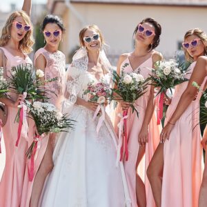 Dunzy 7 Pairs Bachelorette Sunglasses Retro Heart Bride Sunglasses Vintage Wedding Sunglasses for Bridesmaid Bridal Party (White, Pink, Grey)