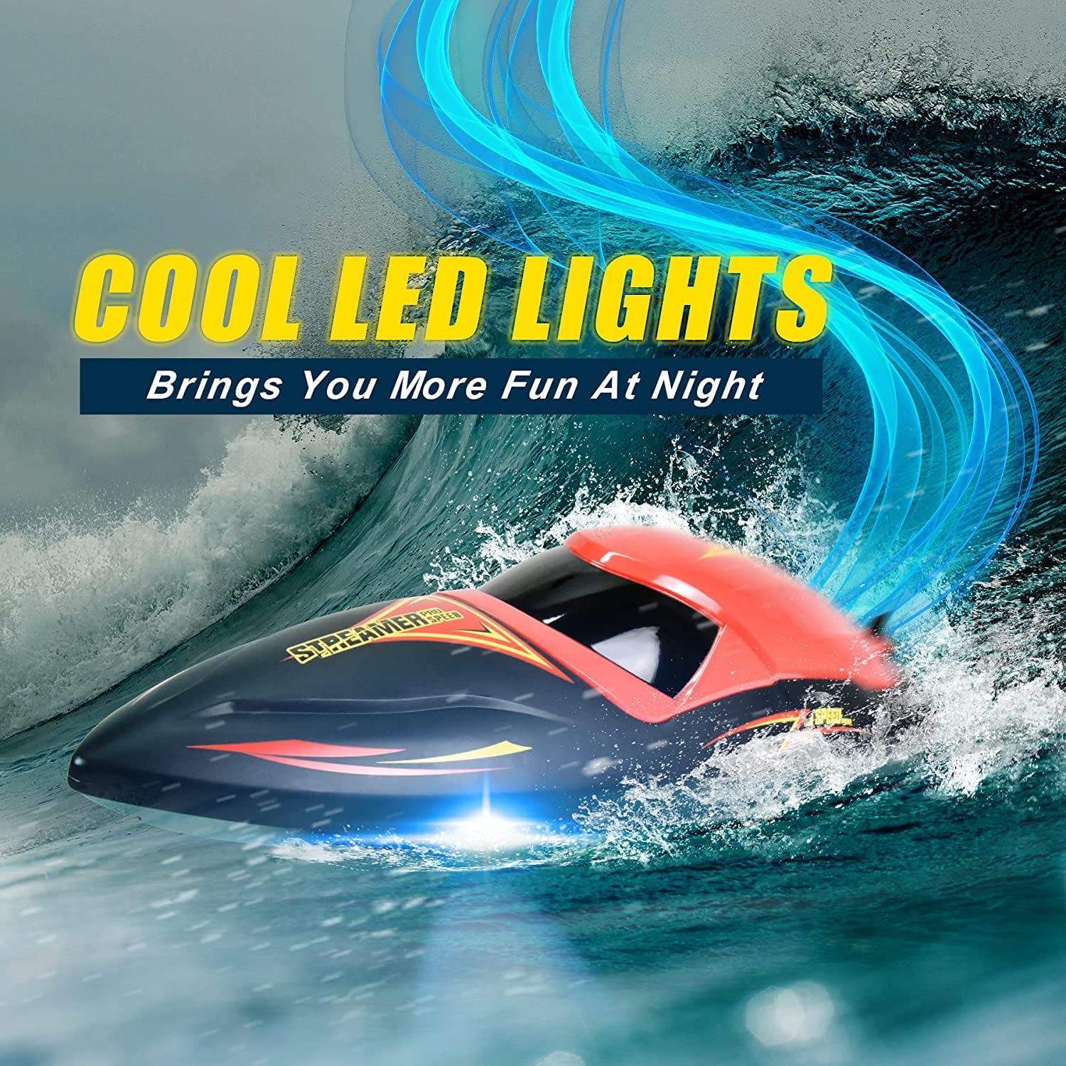 Hosim Brushless RC Boat, Fast Remote Control Boats 2.4GHz Racing Boat with LED Lights for Seas, Pools & Lakes, Speed Boat Toy for Adults Boys & Girls,2 Batteries for 40+Min Play (Red)