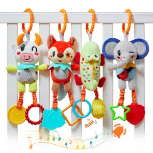 tumama 4 pack baby toys for 0 3 6 9 12 months, hanging crib toys for newborn infant development, car seat stroller soft plush rattles toy for babies