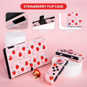 RHOTALL 6 in 1 Cute Strawberry Carrying Case Set for Nintendo Switch OLED,Portable Pink Travel bundle Case for Switch OLED Accessories,Protective Cover,Screen Protector,Shoulder Strap and 2 Thumb Caps