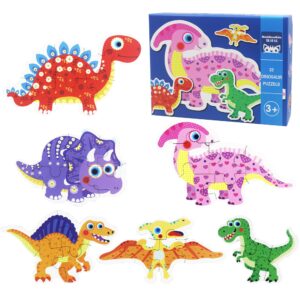 FLYINGSEEDS 6 Packs Dinosaur Wooden Shaped Jigsaw Puzzles for Toddlers Ages 1 2 3, Level-up Puzzles for Beginner, Montessori Learning Toys Preschool Educational Activity for Kids Ages 2-5