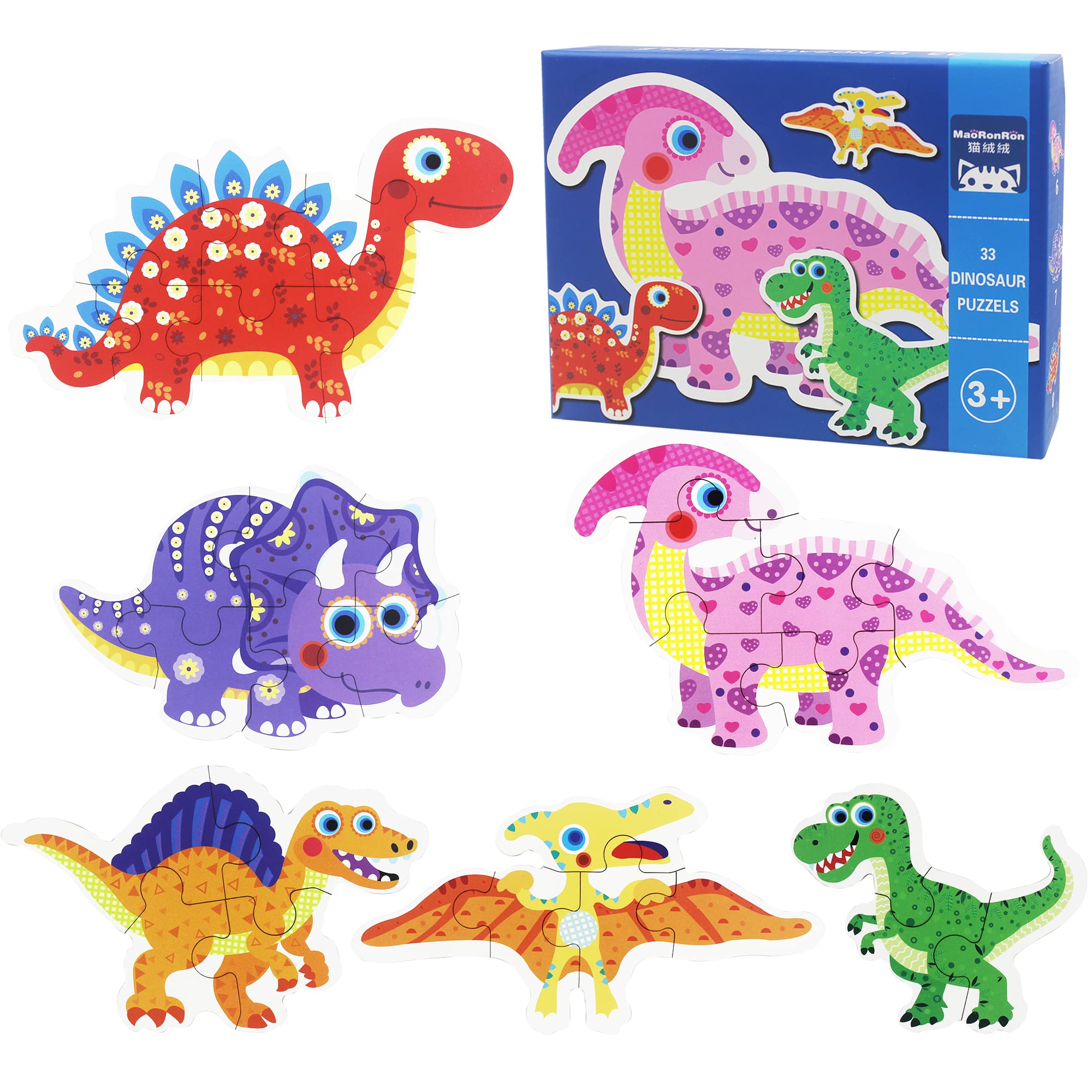 FLYINGSEEDS 6 Packs Dinosaur Wooden Shaped Jigsaw Puzzles for Toddlers Ages 1 2 3, Level-up Puzzles for Beginner, Montessori Learning Toys Preschool Educational Activity for Kids Ages 2-5