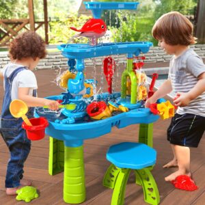 TEMI Kids Sand Water Table for Toddlers, 3-Tier Sand and Water Play Table Toys for Toddlers Kids, Activity Sensory Tables Outside Beach Toys for Toddler Boys Girls Age 1-3 3-5