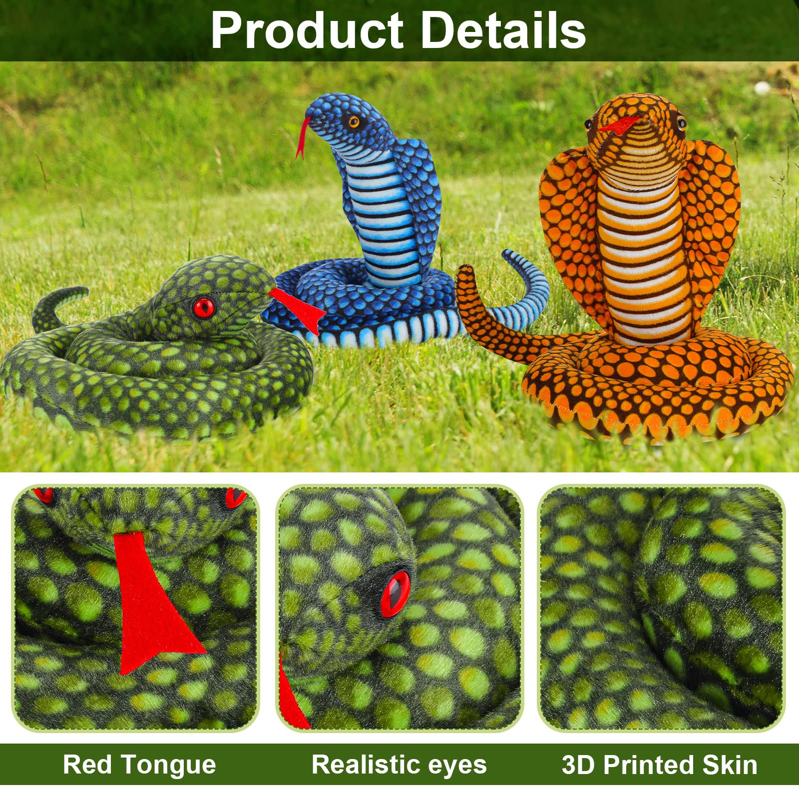 Sosation 3 Pcs Snake Stuffed Animal 43 Inches Cobra Snake Plush Toy Large Realistic Snake Stuffed Animal Toy with Red Tongues Python Stuffed Dolls Gifts for Children Kids