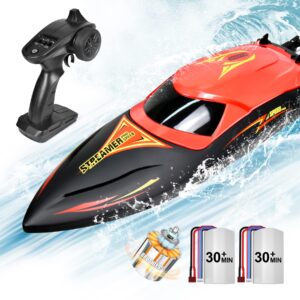 hosim brushless rc boat, fast remote control boats 2.4ghz racing boat with led lights for seas, pools & lakes, speed boat toy for adults boys & girls,2 batteries for 40+min play (red)