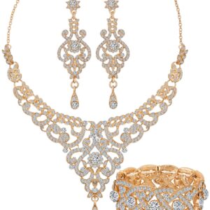 Paxuan Silver Gold Plated Wedding Jewelry Sets Bridal Necklace Rhinestone Earrings Bracelets