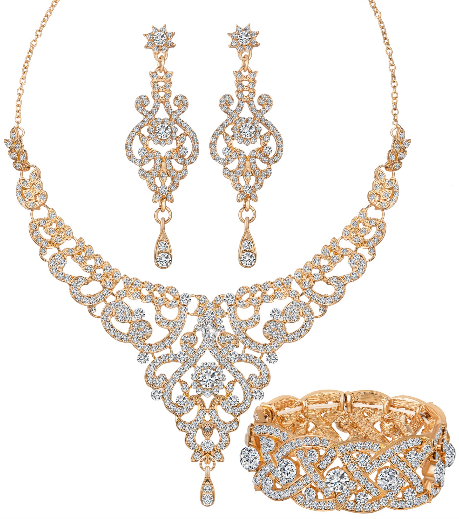 Paxuan Silver Gold Plated Wedding Jewelry Sets Bridal Necklace Rhinestone Earrings Bracelets