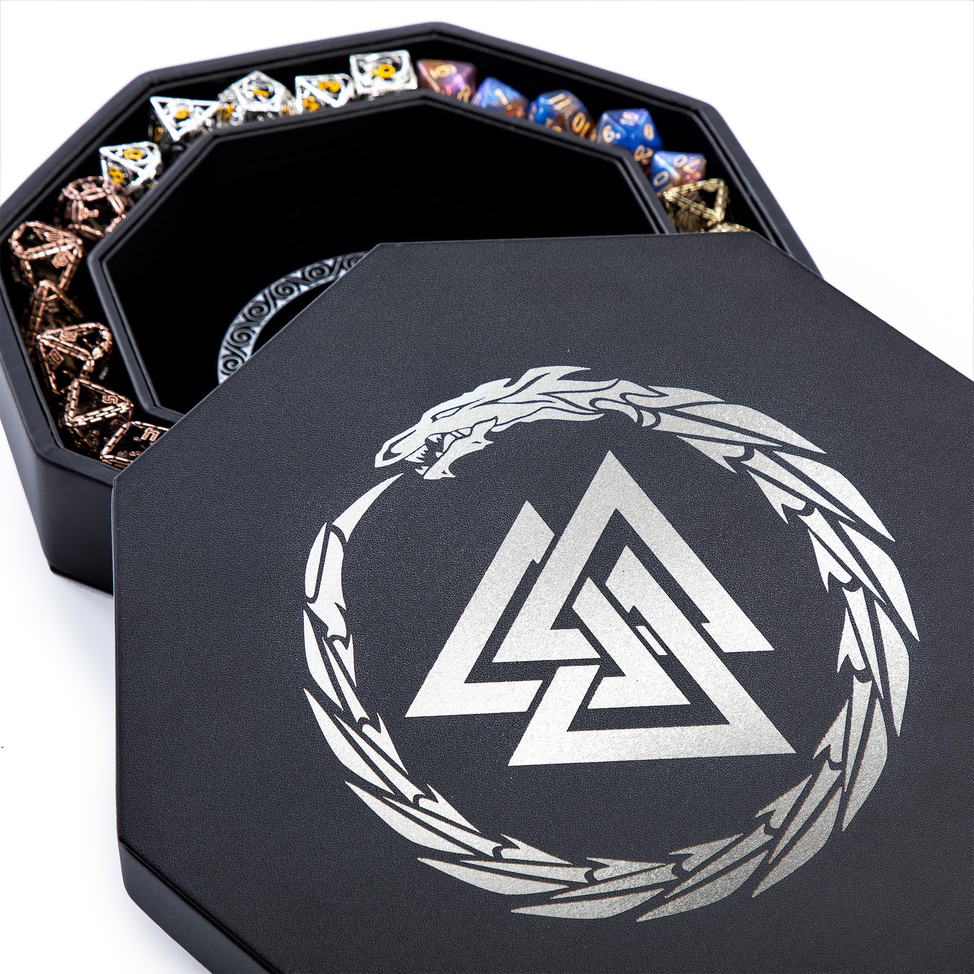 Soar Forge Dice Tray for DND and RPG - Beautiful Valknut and Dragon 8 Inch Rolling Dice Tray Compatible with Dungeons and Dragons and Tabletop RPGs - Box Storage to Protect Dice