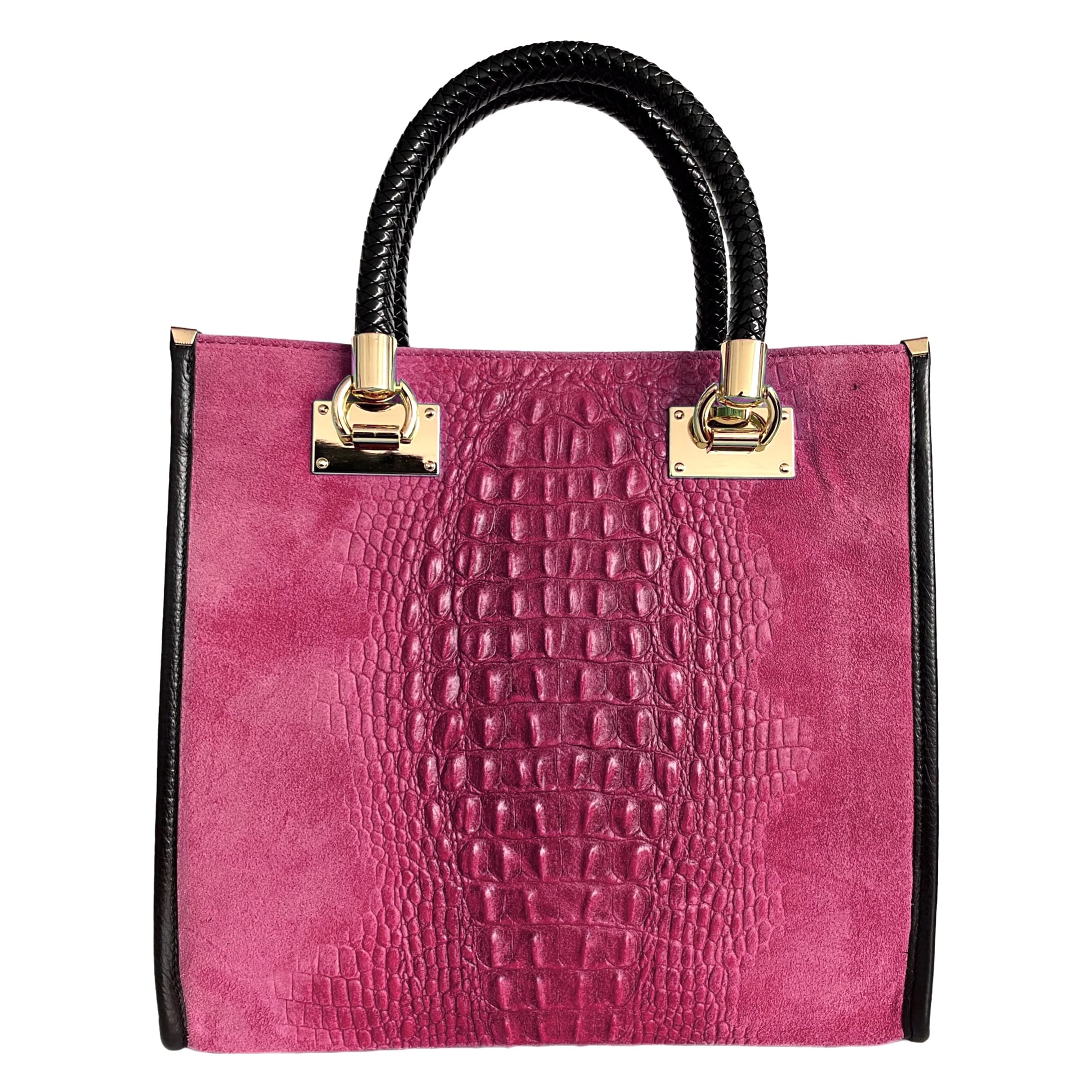 Modarno Women's shoulder bag - crocodile print suede leather handbag, Fuchsia