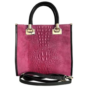 Modarno Women's shoulder bag - crocodile print suede leather handbag, Fuchsia