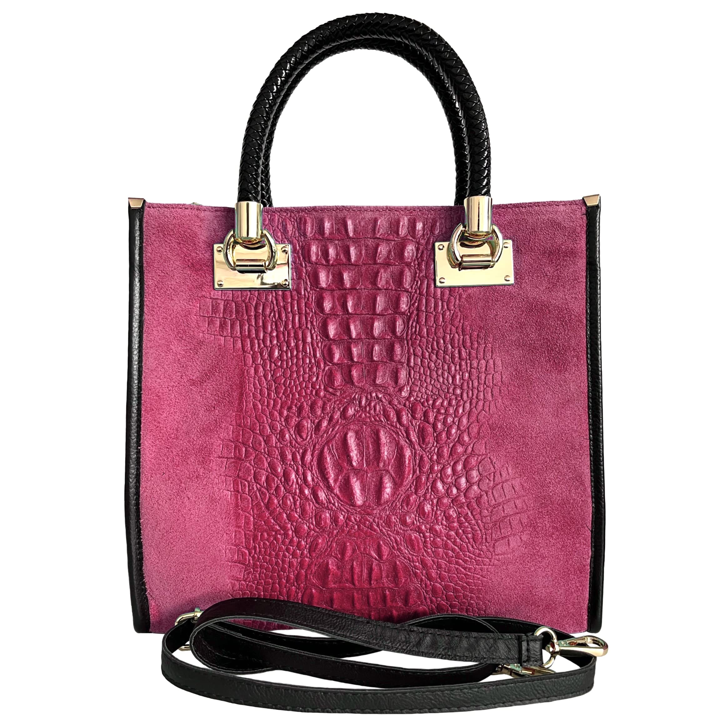 Modarno Women's shoulder bag - crocodile print suede leather handbag, Fuchsia