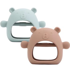 pandaear silicone baby teething toys| baby hand teether mitten for sucking needs| baby chew toys hand pacifier for soothing teething pain relief (brown green)