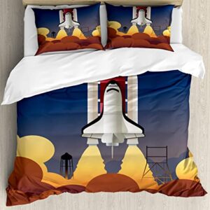 Lunarable Shuttle Duvet Cover Sets, Pattern of Spaceship Launching Far into Space, Bedding Set with 2 Duvet Covers & 4 Pillowcases, 2 Pack Queen Size, Night Blue Multicolor