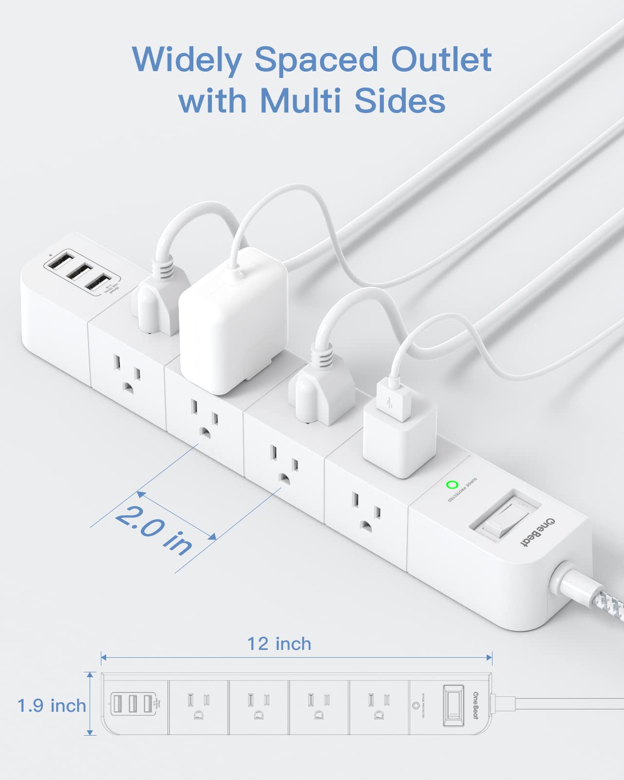 Power Strip Surge Protector with USB Ports and 8 Widely Outlets, 5Ft Extension Cord with Flat Plug, 3 Sided Wall Outlets Extender USB Desktop Charging Station for Home Office Travel, 900J, ETL