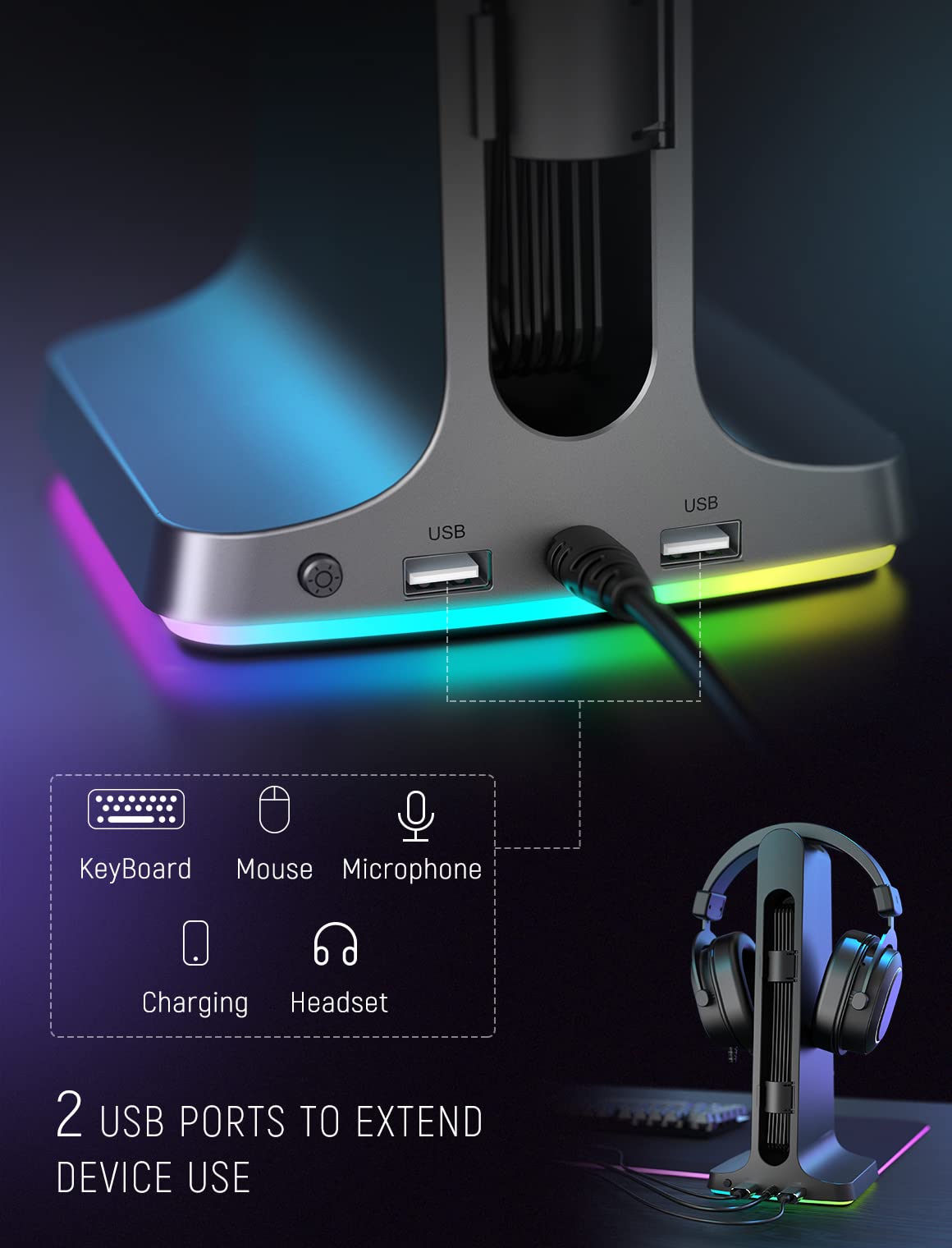 FIFINE Gaming Headset Stand-RGB Headphones Stand Holder PC Computer Desktop Accessories with 2 USB Ports for Gamer, with Solid Base, Sound Light Sync, Light Control Keys-AmpliGame S3