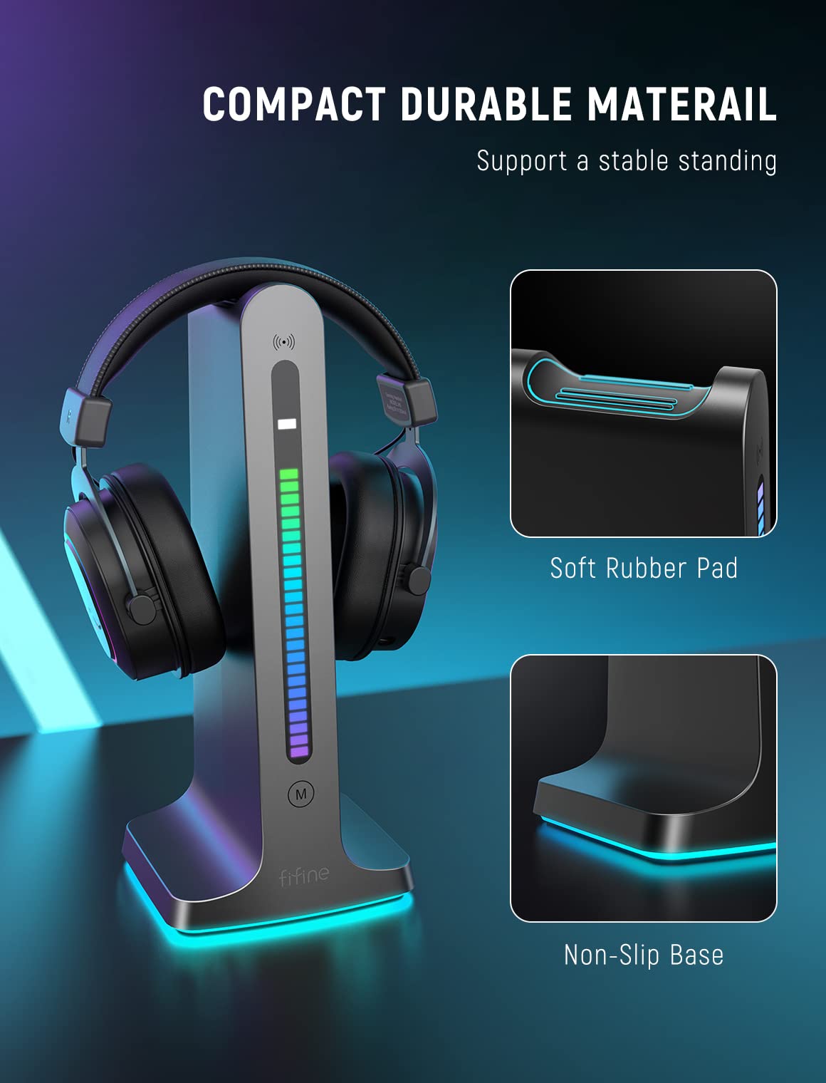 FIFINE Gaming Headset Stand-RGB Headphones Stand Holder PC Computer Desktop Accessories with 2 USB Ports for Gamer, with Solid Base, Sound Light Sync, Light Control Keys-AmpliGame S3