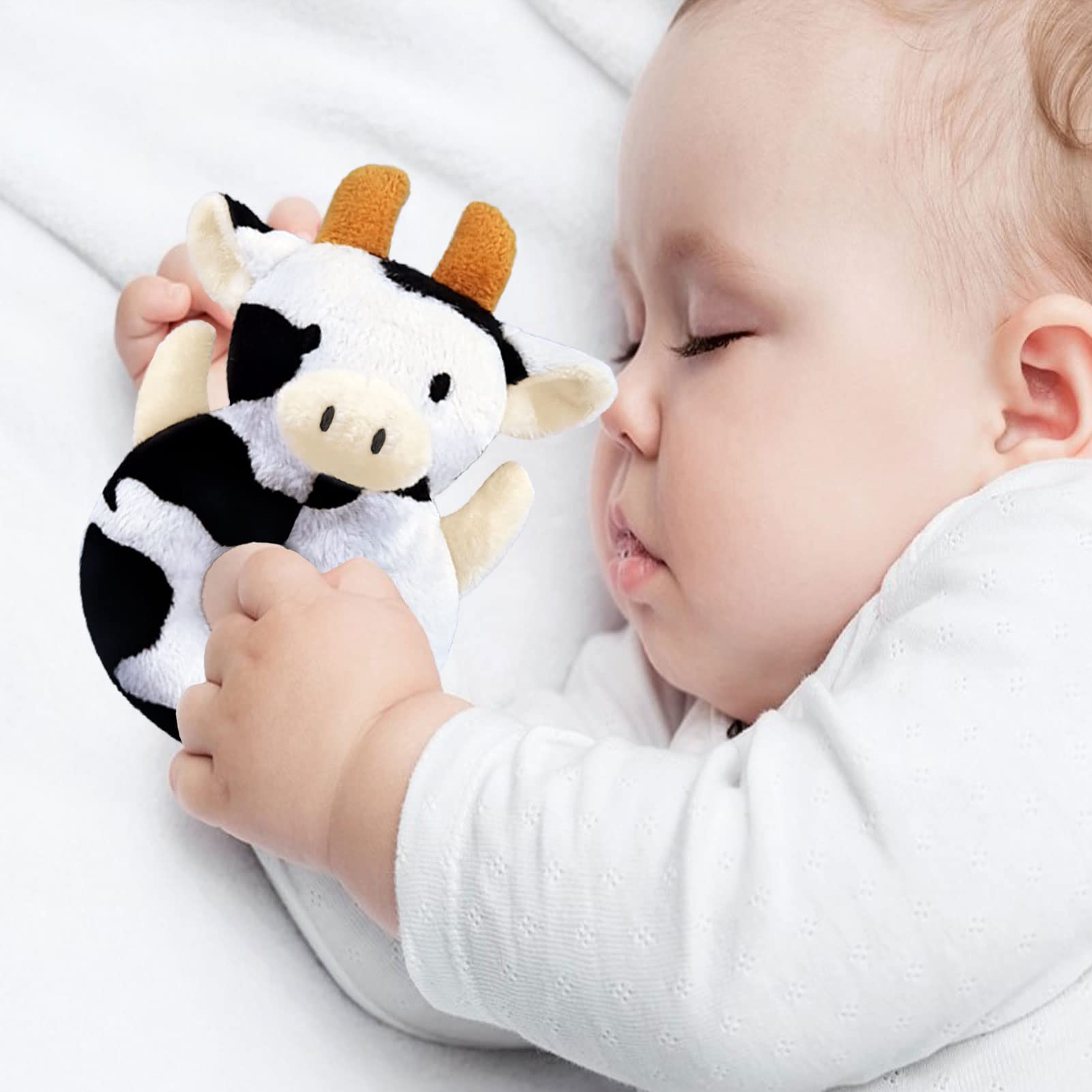 Doindute Baby Cow Soft Rattle Toy, Dairy Cattle Plush Infant Shaker Rattle Easy-Grasp Stuffed Animal Toy, Gifts for Newborns Babies Toddlers Boys Girls, Orange Horns, 6 Inches