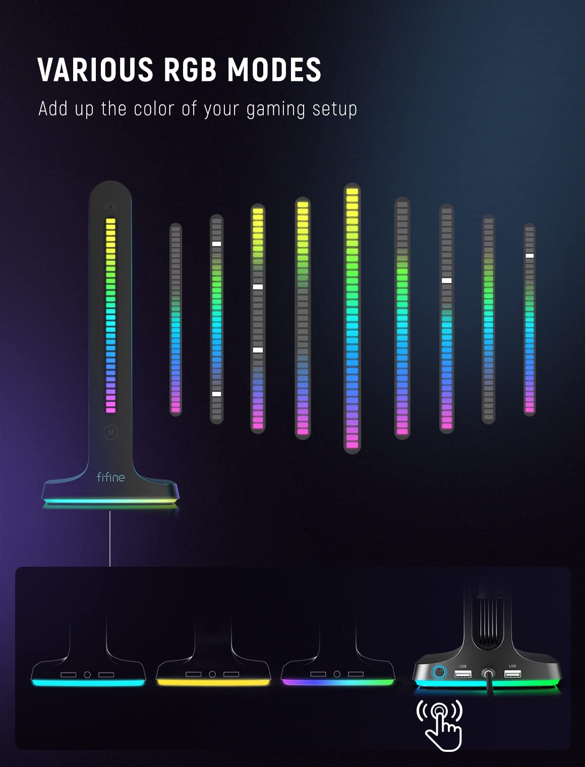 FIFINE Gaming Headset Stand-RGB Headphones Stand Holder PC Computer Desktop Accessories with 2 USB Ports for Gamer, with Solid Base, Sound Light Sync, Light Control Keys-AmpliGame S3