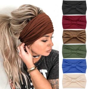 olbye wide headbands women knotted turban headband elastic non slip hairbands yoga workout head wraps running sweatbands boho head bands fashion hair accessories for women pack of 6（solid color b）