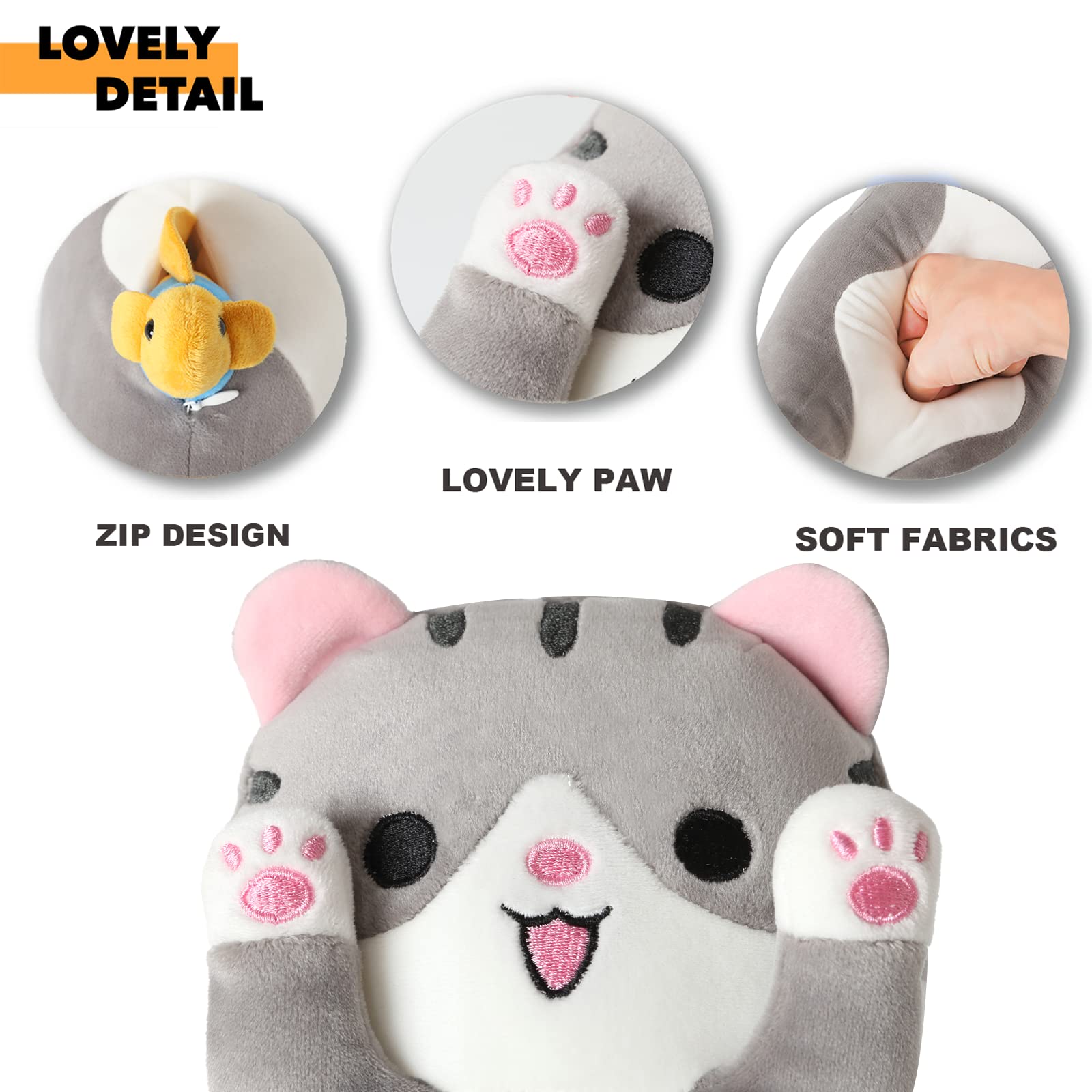 PEACHCAT Long Cat Plush Pillow Cute Kitty Body Pillow with Kawaii Fish Plushie Toy Stuffed Animal for Girls and Boys Gray 35.4"