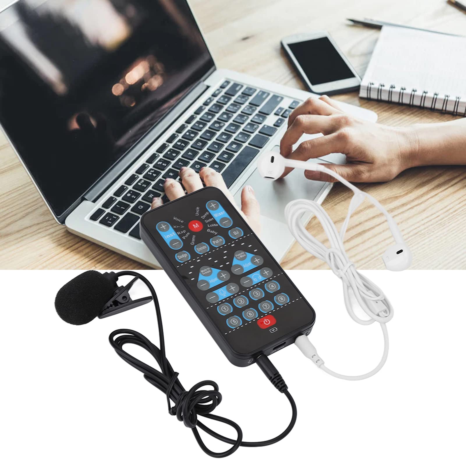 Portable Live Sound Card,8 Sound Effects External Mini Voice Changer,Support Multi Languages Beautification Handheld Sound Card for Mobile Phone Computer