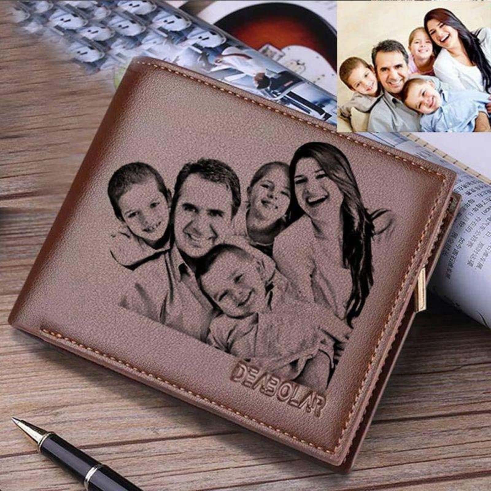 Drawelry Custom Photo Wallet for Men, Gift for Father's Day Personalized Engraved Name Mens Leather Wallets for Dad Husband Boyfriend Son