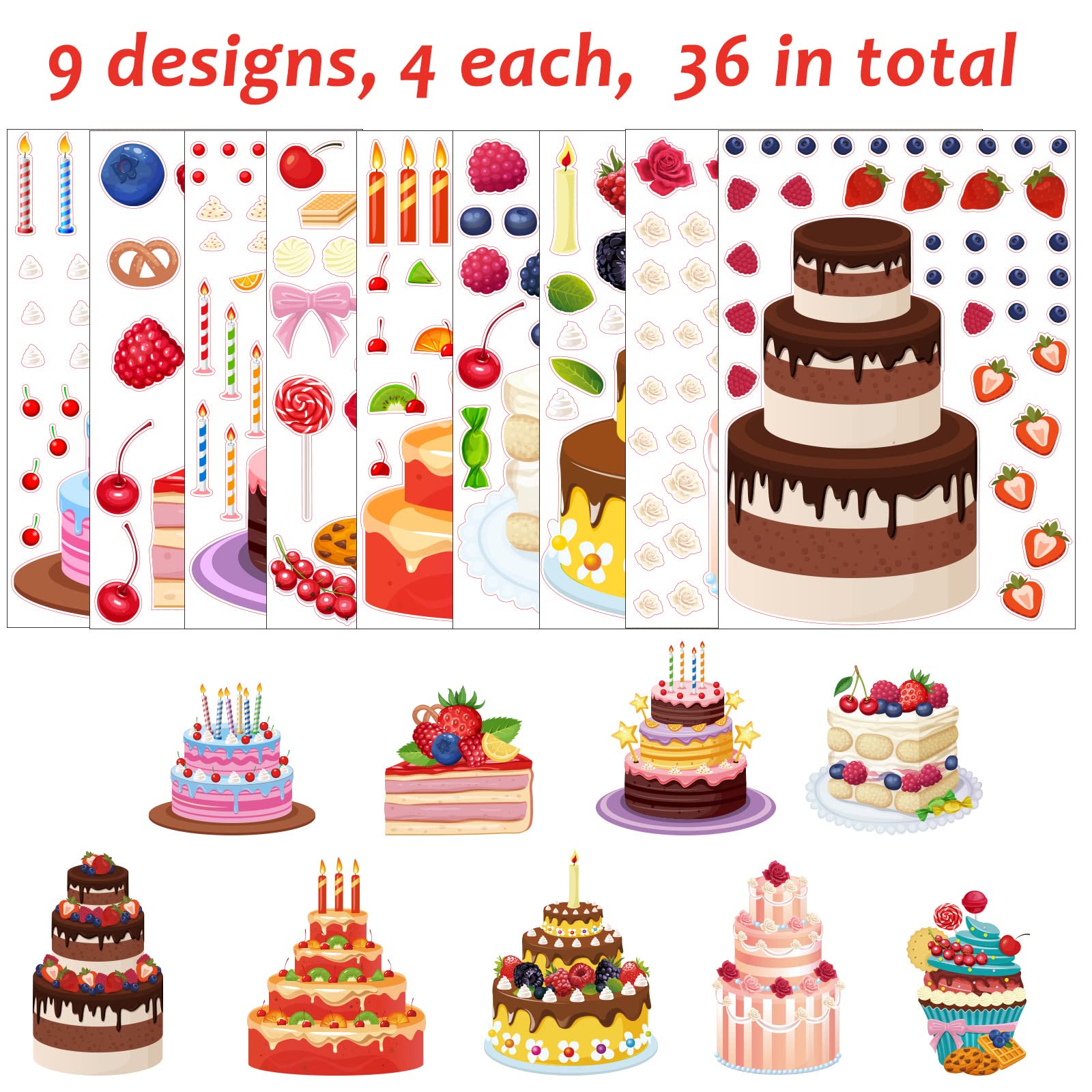 36 PCS Make-a-Cake Sticker Sheets Make Your Own Cake Sticker for Kids Cake Cupcake Craft Sticker Fruit Sweets and Treats Sticker Pad for Kids Classroom Birthday Party Favor Supplies