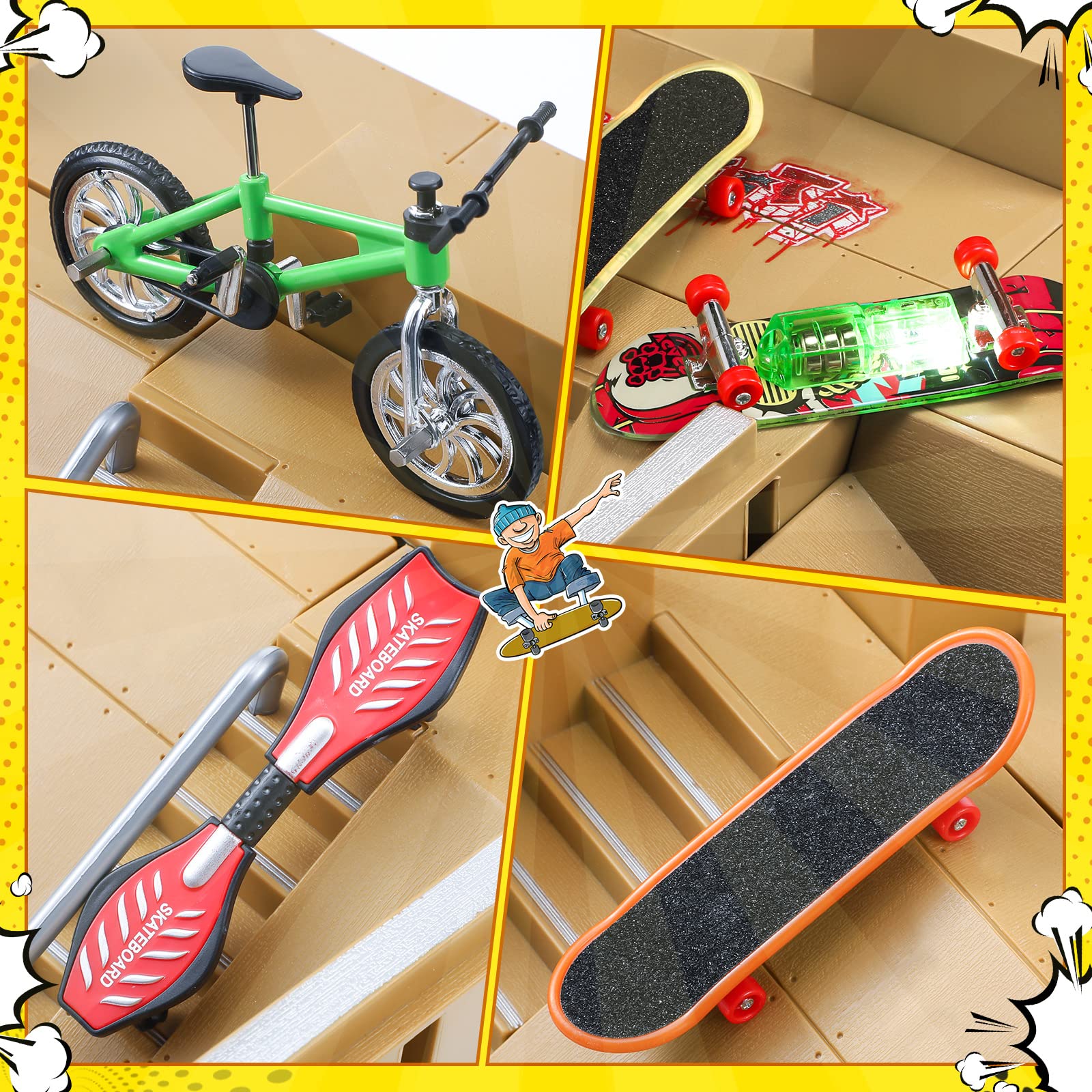 HyDren 62 Pcs Skate Park Kit Fingerboard Skatepark Set Finger Skateboard Deck Ramp with Mini LED Fingerboards Finger Bike Caster Board Finger Toys for Finger Board Training Gift