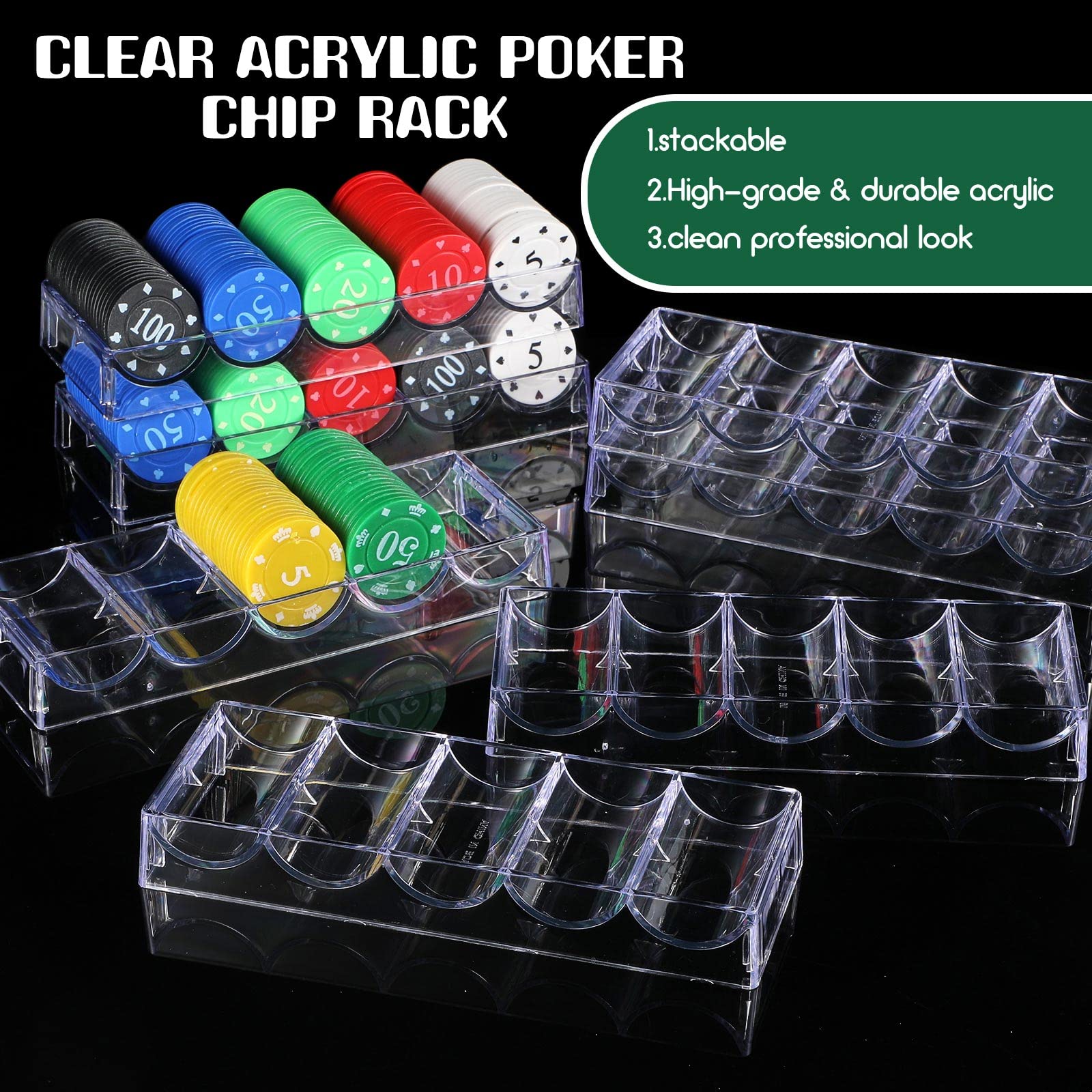 Yulejo 10 Pieces Poker Chip Trays Acrylic Poker Chip Rack Poker Chip Holder Poker Chip Cases for Casino Game