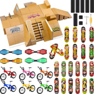 HyDren 62 Pcs Skate Park Kit Fingerboard Skatepark Set Finger Skateboard Deck Ramp with Mini LED Fingerboards Finger Bike Caster Board Finger Toys for Finger Board Training Gift