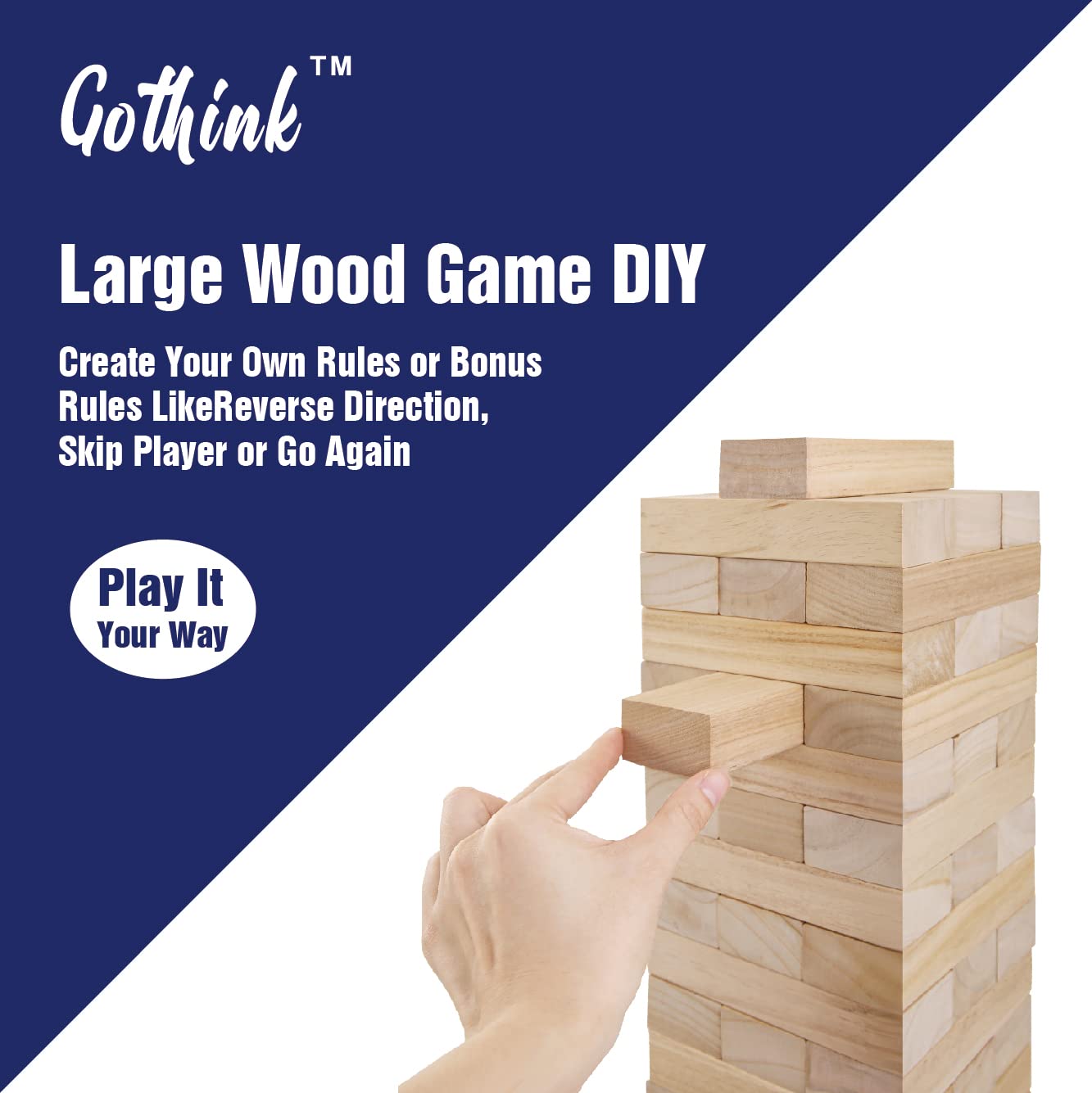 GOTHINK Giant Tumble Tower Game, Large Tumbling Tower Stack to Over 4 FT 54pcs Wooden Jumbo Blocks for Outside Yard Games with Carry Case Timber Stacking Game Night Toy Gift for Kids Adults Family