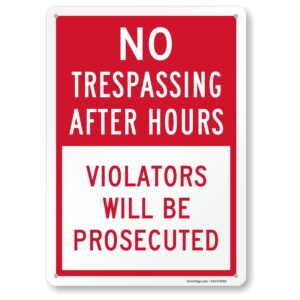 smartsign 14 x 10 inch “no trespassing after hours, violators prosecuted” metal sign, 40 mil laminated rustproof aluminum, red and white, made in usa