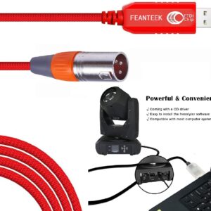 Feanteek USB to DMX Adapter RS485 Converter 3PIN XLR Male DMX512 Freestyler Software PC Control Dimmer Cable with FTDI Chip Support Win10 Mac OS(6ft/1.8m), Red