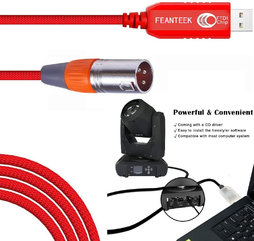 Feanteek USB to DMX Adapter RS485 Converter 3PIN XLR Male DMX512 Freestyler Software PC Control Dimmer Cable with FTDI Chip Support Win10 Mac OS(6ft/1.8m), Red