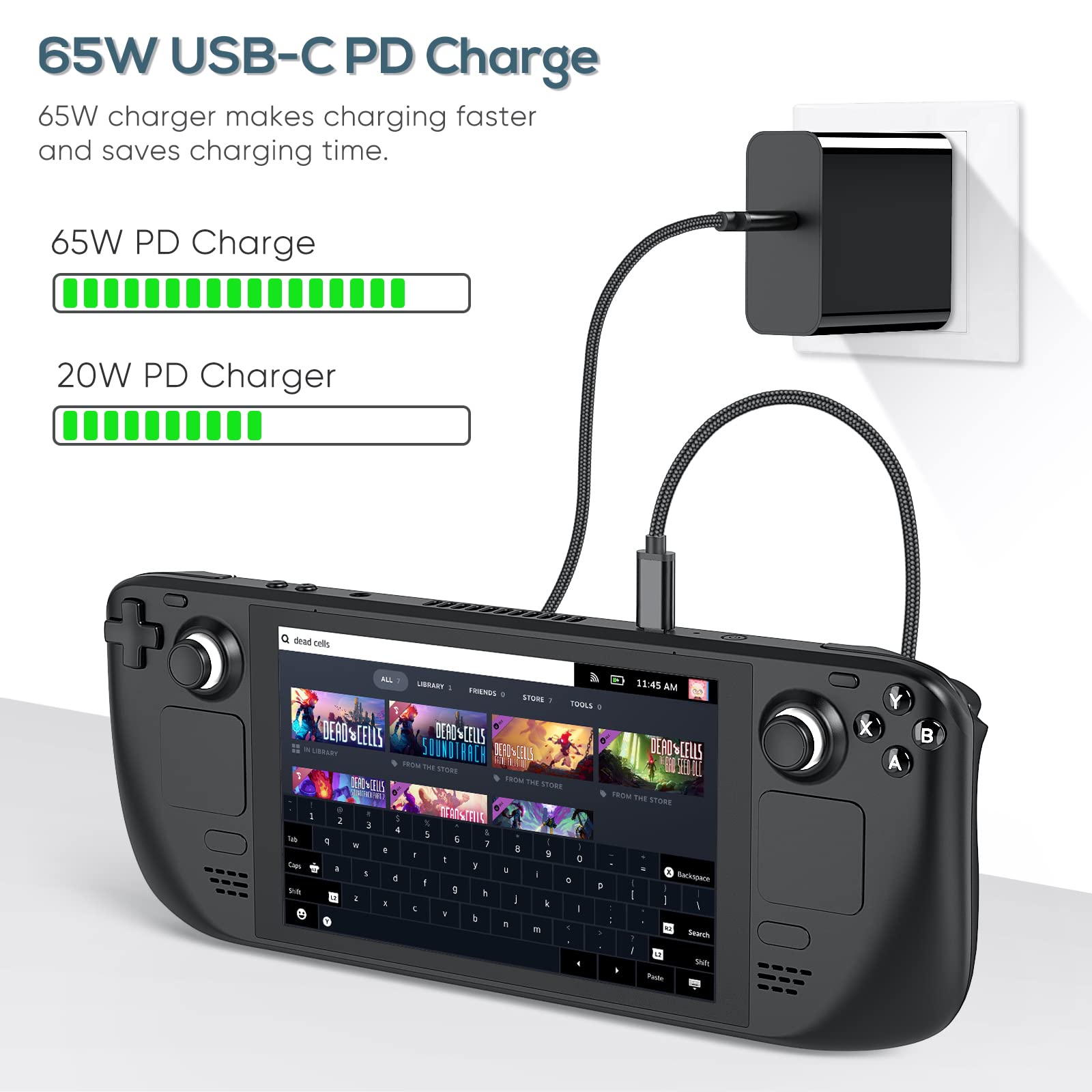 65W Fast Charger for Steam Deck OLED/Nintendo Switch//PlayStation Portal/ROG Ally/Swicth Lite, 65W/45W Charger PD Power Adapter with Foldable Plug for Steam Deck TV Dock(6.6FT USB-C Cable)