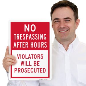 SmartSign 14 x 10 inch “No Trespassing After Hours, Violators Prosecuted” Metal Sign, 40 mil Laminated Rustproof Aluminum, Red and White, Made in USA