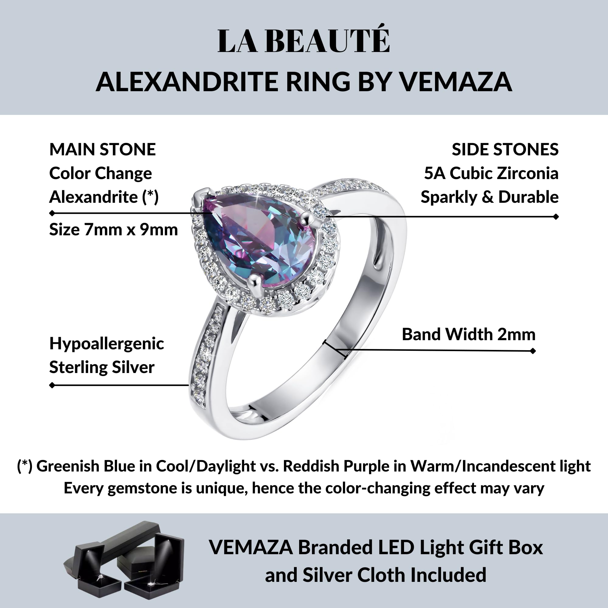 VEMAZA Color Change Alexandrite Ring Sterling Silver Halo Pear Shape TearDrop Statement Engagement Rings For Women (La Beaute, 8)