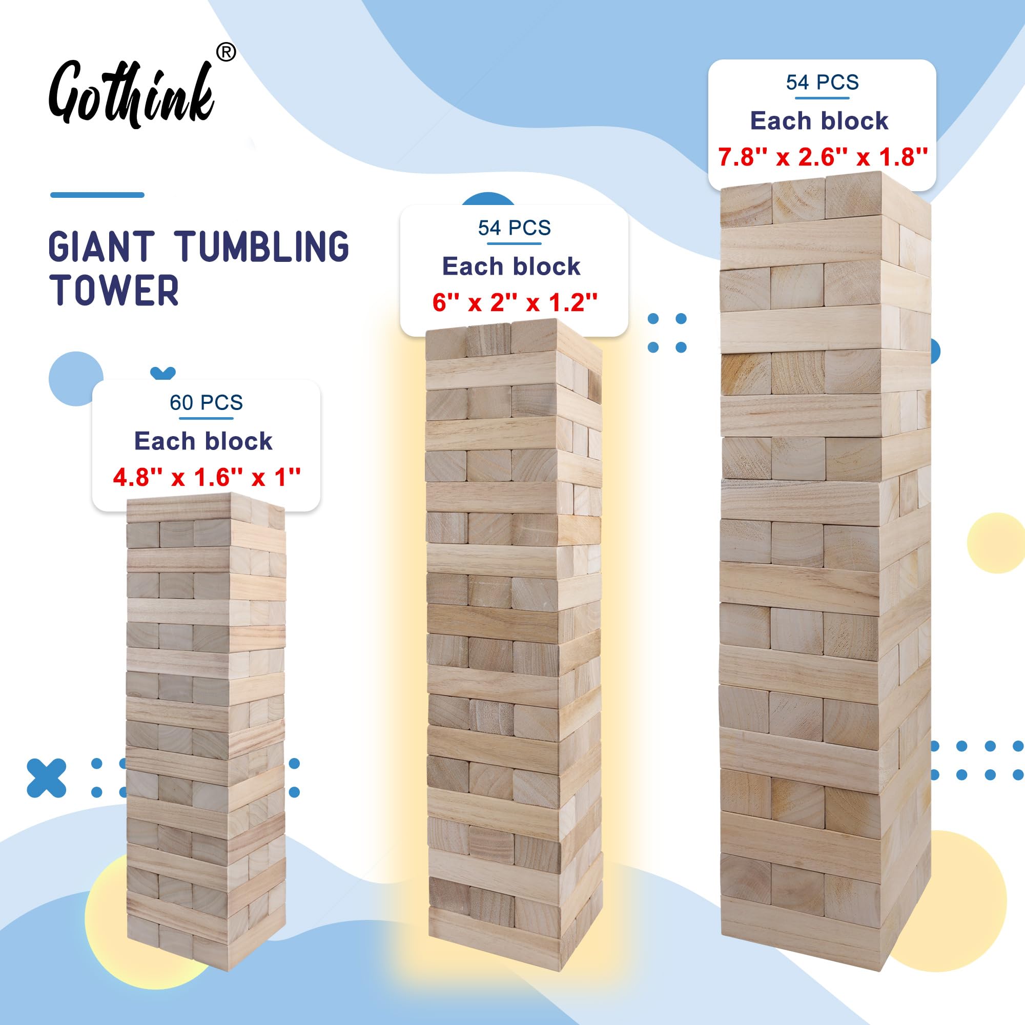 GOTHINK Giant Tumble Tower Game, Large Tumbling Tower Stack to Over 4 FT 54pcs Wooden Jumbo Blocks for Outside Yard Games with Carry Case Timber Stacking Game Night Toy Gift for Kids Adults Family