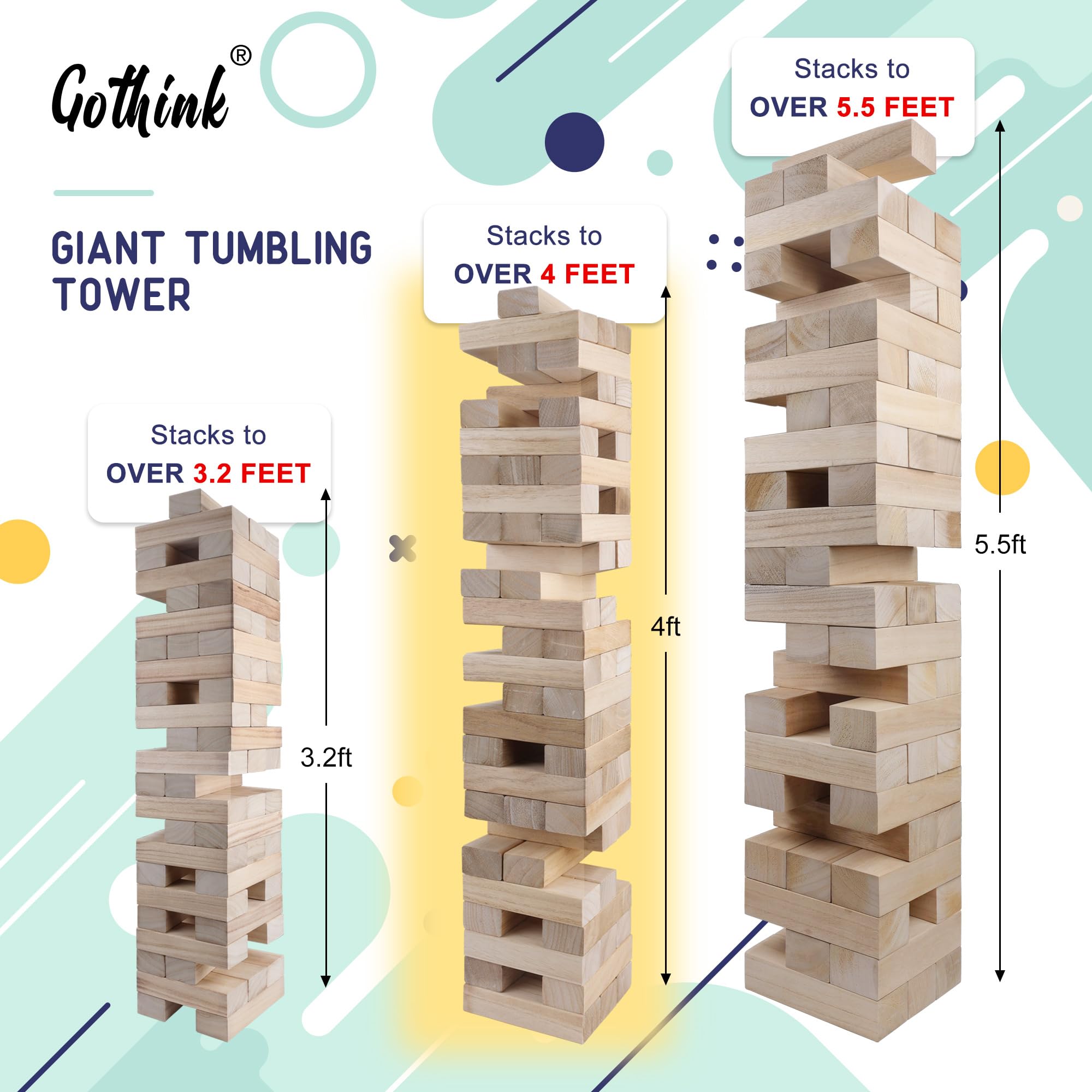 GOTHINK Giant Tumble Tower Game, Large Tumbling Tower Stack to Over 4 FT 54pcs Wooden Jumbo Blocks for Outside Yard Games with Carry Case Timber Stacking Game Night Toy Gift for Kids Adults Family