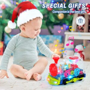 Light Up Transparent Train Toys,Interactive Autism Sensory Toys with Colorful Moving Gears, Music,and LED Effects,Fun Educational Toy for Boys Girls