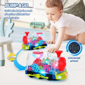 Light Up Transparent Train Toys,Interactive Autism Sensory Toys with Colorful Moving Gears, Music,and LED Effects,Fun Educational Toy for Boys Girls